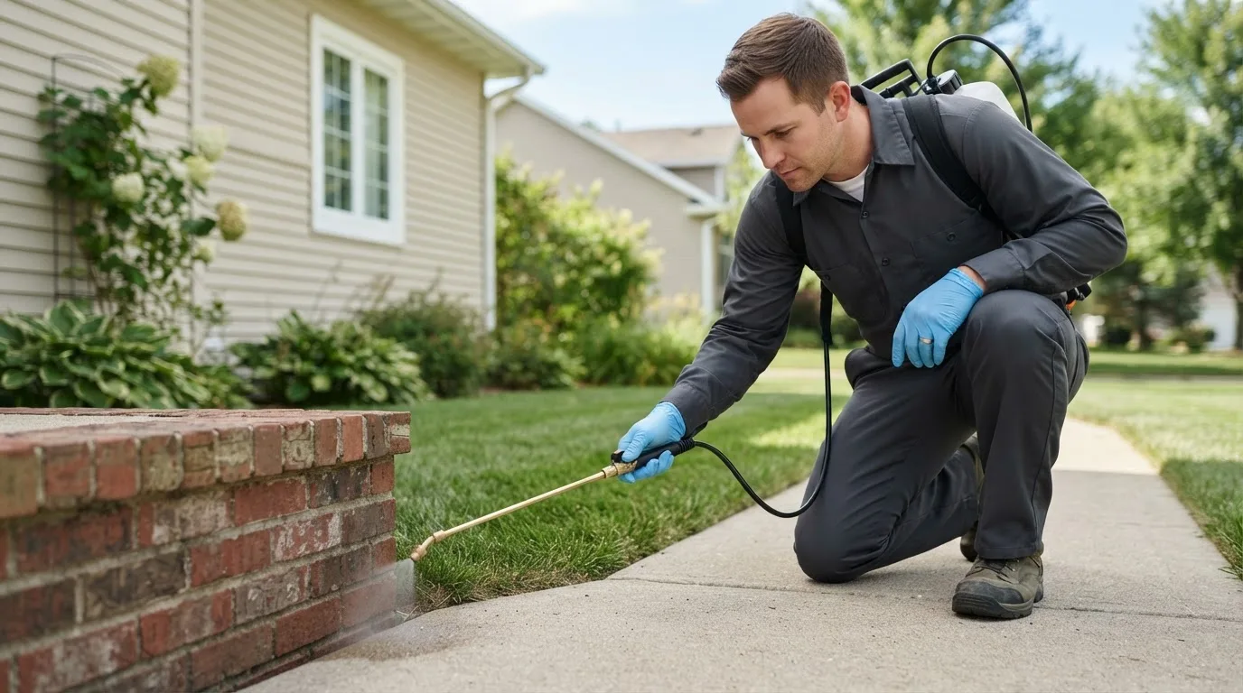 Pest control technician treating a home near Wolfe City, TX